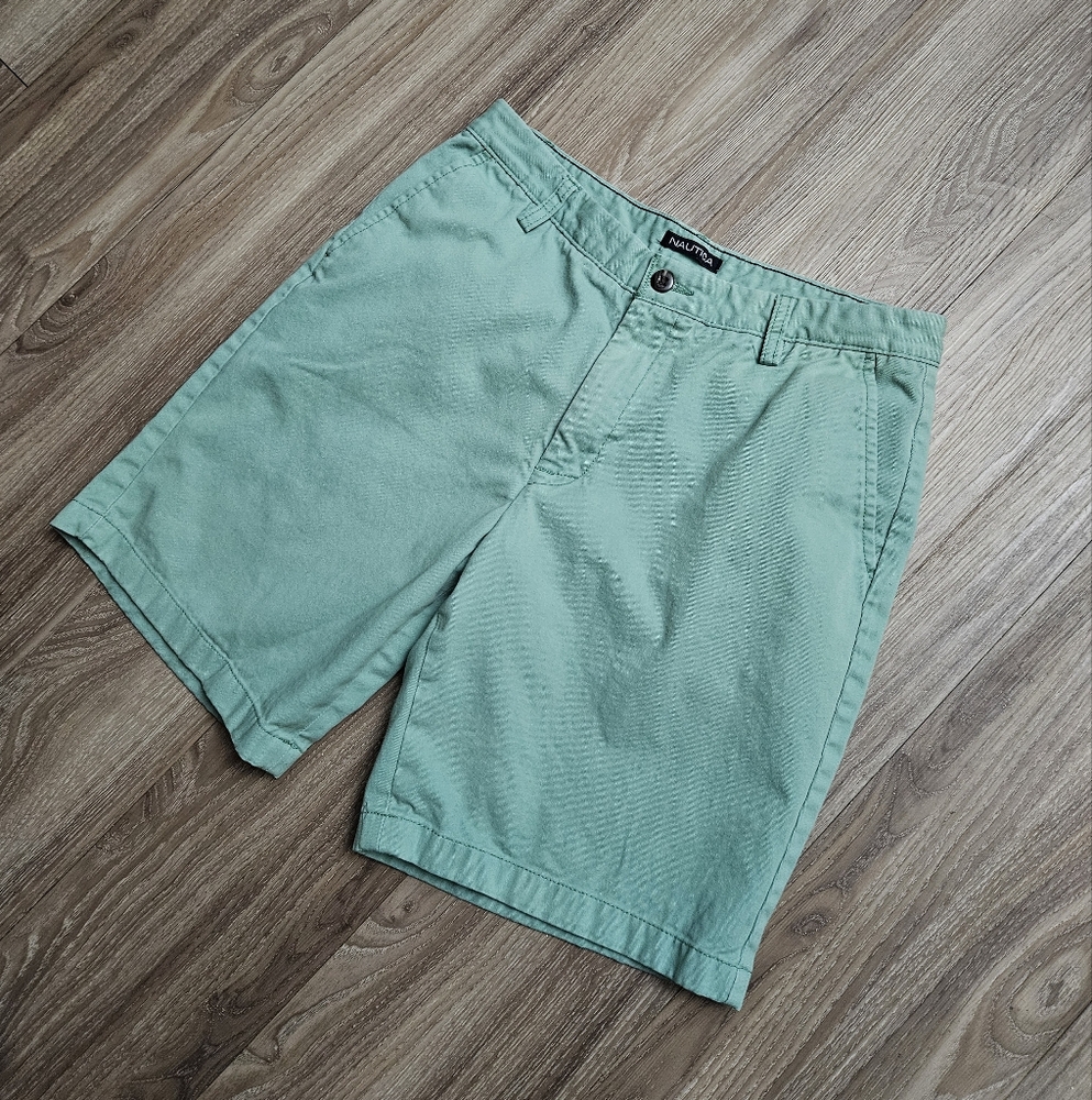 Nautica Flat Front Green 100% Cotton Chino Deck Casual Shorts Men's 32